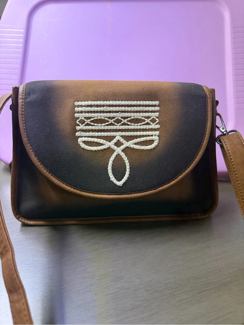 Women's Brown and Black Crossbody Bag with White Embroidery